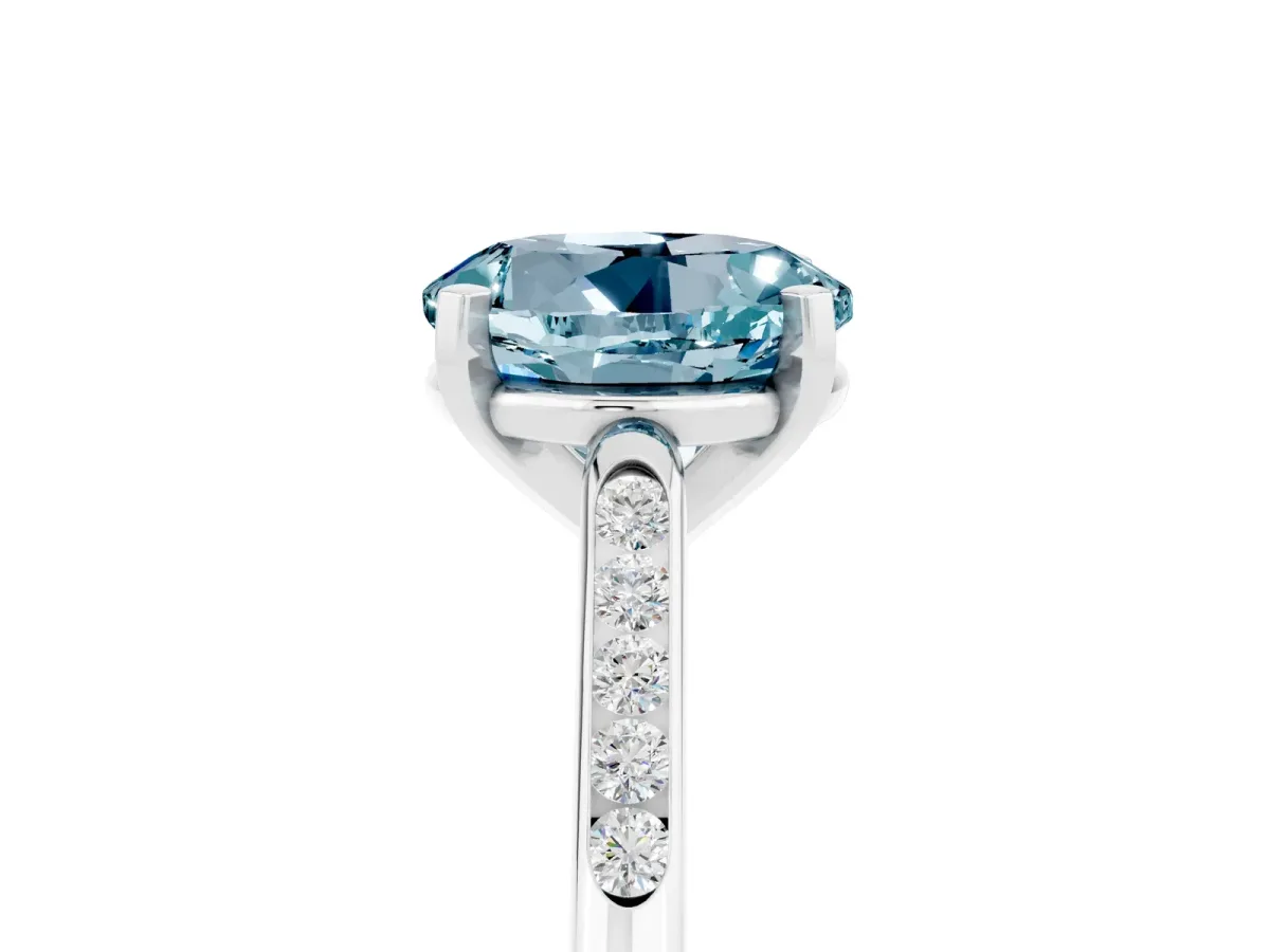 Round Cut Aquamarine Solitaire Ring with Channel Set Round Band and Prong Setting Silver