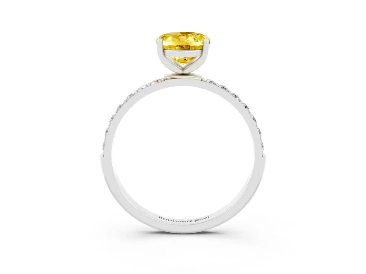 Oval Cut Yellow Sapphire Solitaire Ring with Round Pavé Band and Prong Setting Silver