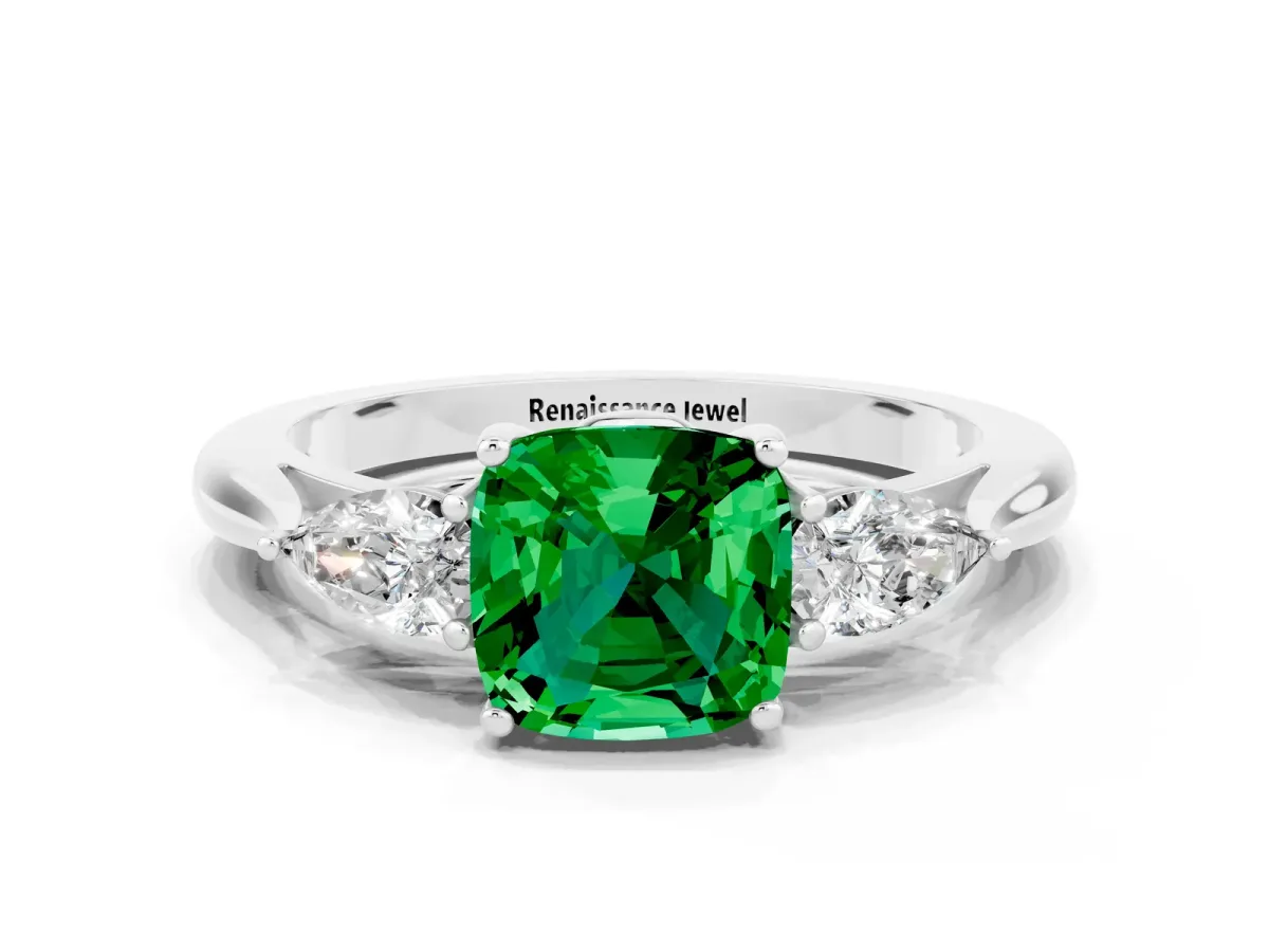Three-Stone Cushion Cut Emerald Ring with Pear Side Stones in Four-Prong Setting White gold