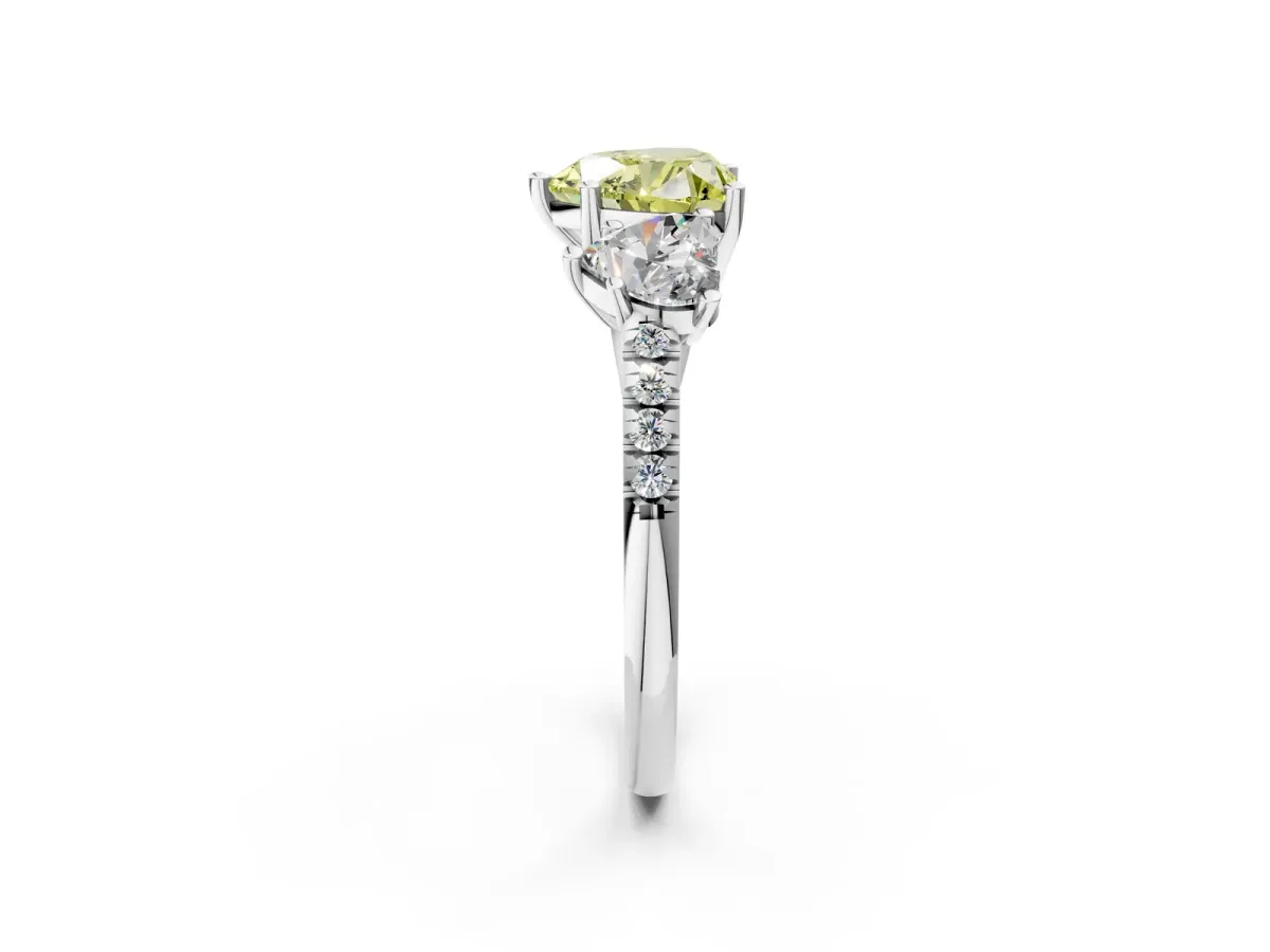 Fancy Yellow Three-Stone Heart Cut Diamond Ring with Round Pavé Band and Prong Setting Silver