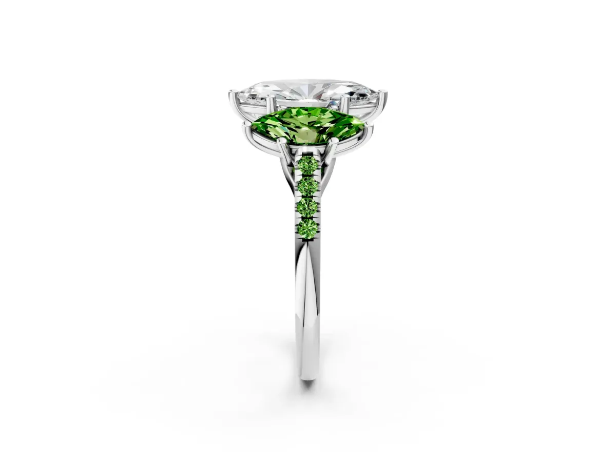 Three-Stone Marquise Cut Diamond Ring with Round Peridot Pavé Band and Prong Setting Platinum