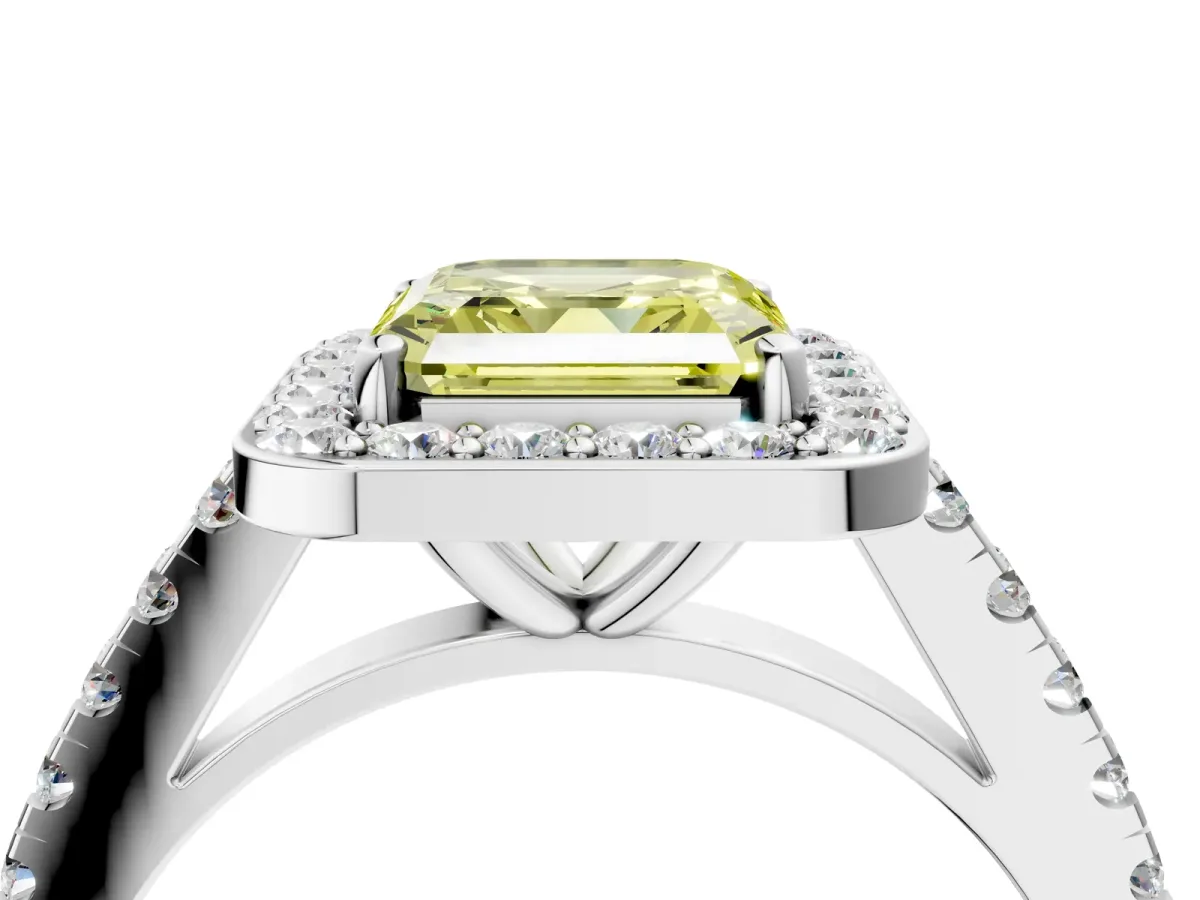 Fancy Yellow Asscher Cut Diamond Halo Ring with Round Pavé Split Shank and Prong Setting Platinum