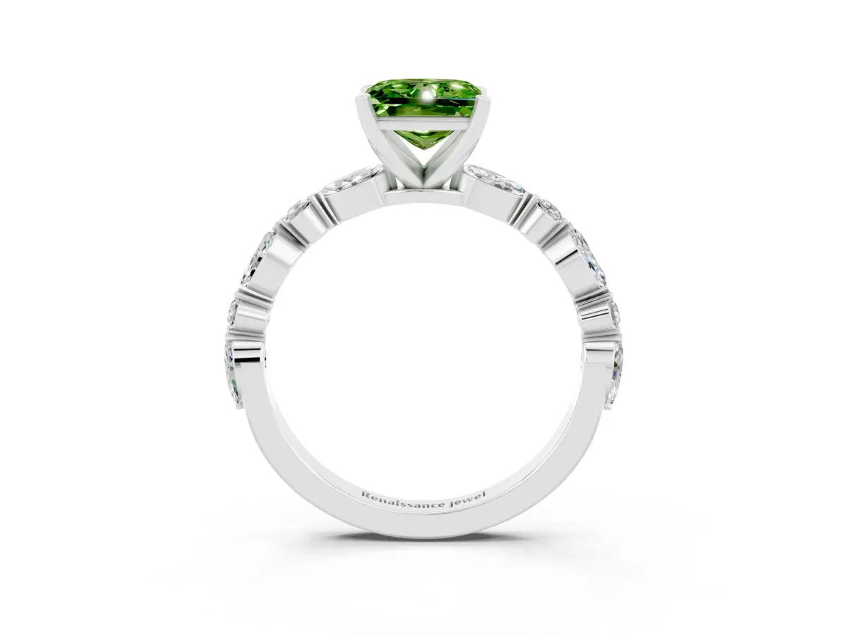 Princess Cut Peridot Ring with Marquise and Round Side Stones and Four-Prong Setting Silver