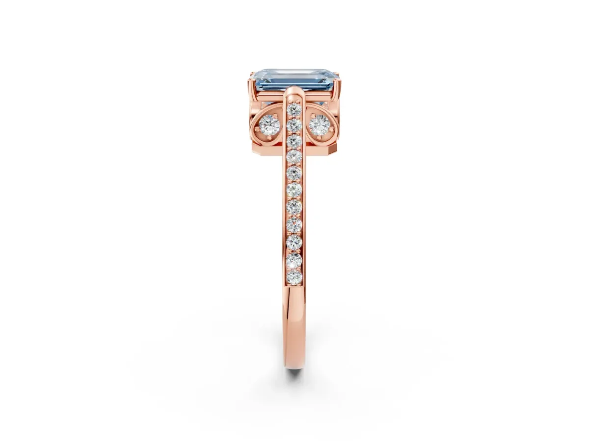 Fancy Blue Emerald Cut Cut Cathedral Pave Diamond Engagement Ring with Six-Prong Setting Rose gold