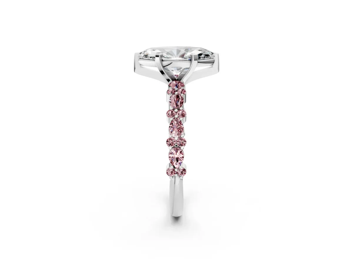 Marquise Cut Diamond Side Stone Solitaire Ring with Round Morganite and Four-Prong Setting Silver