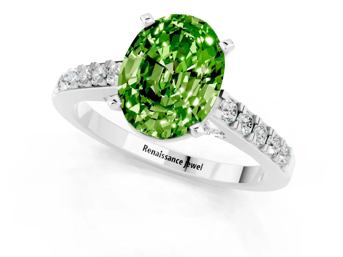 Oval Cut Peridot Solitaire Ring with Crossover Gallery and Round Pavé Band Platinum