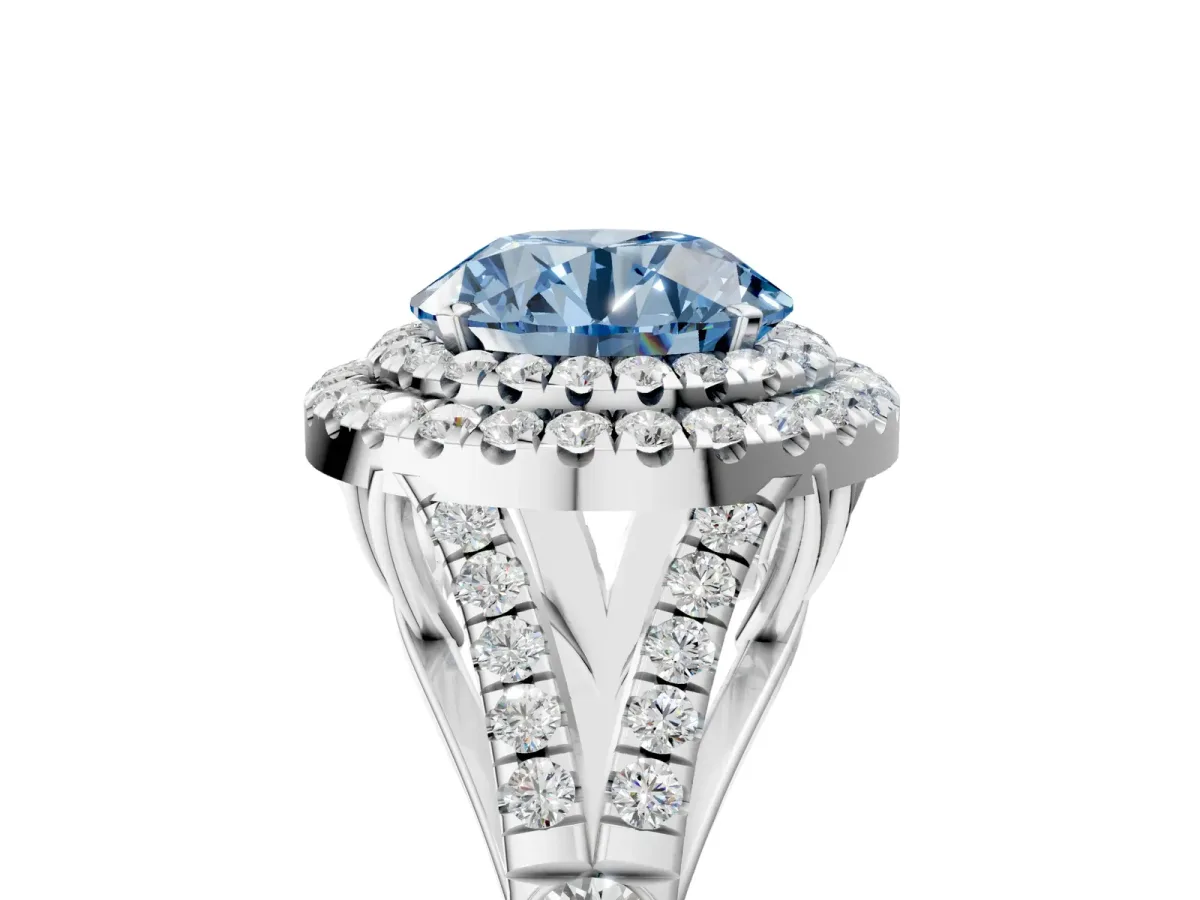 Fancy Blue Double Halo Round Cut Diamond Split Shank Engagement Ring with Four-Prong Setting White gold