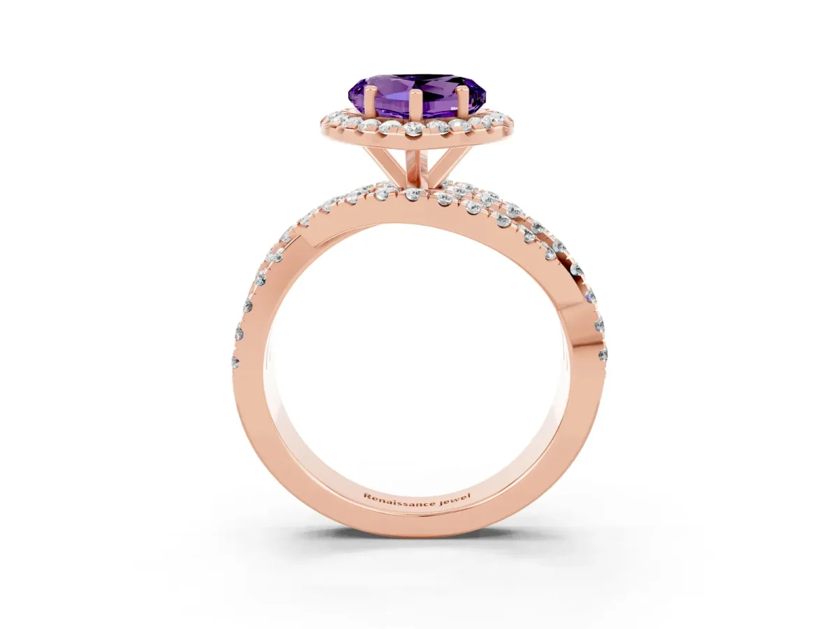 Heart Cut Amethyst Halo Ring with Round Split Shank and Prong Setting Rose gold