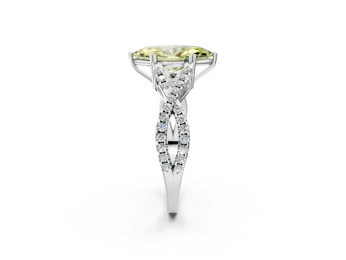 Fancy Yellow Marquise Cut Diamond Solitaire Ring with Four-Prong Setting and Twisted Pavé Band Silver