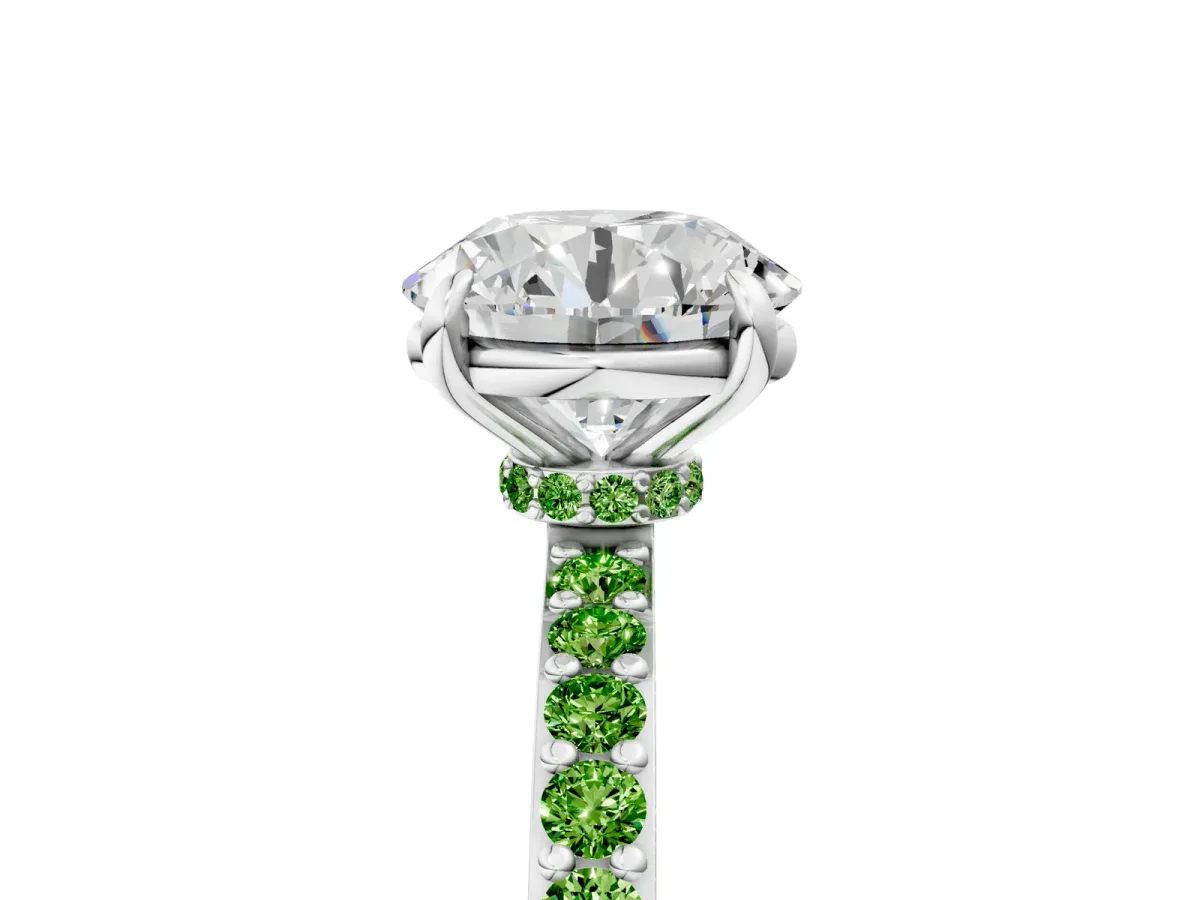 Round Cut Diamond Pavé Engagement Ring with Round Peridot Accents and Prong Setting Silver