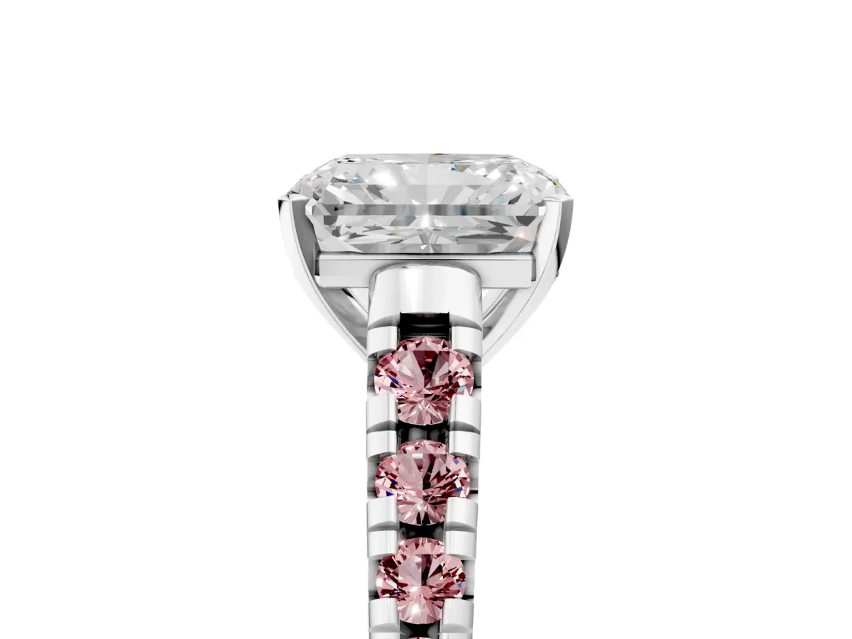 Radiant Cut Diamond Cathedral Solitaire Ring with Round Morganite Pavé Band Silver