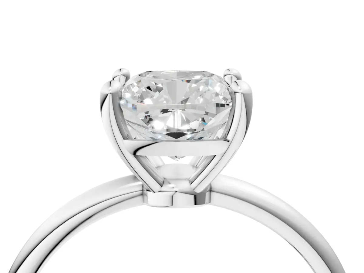 Cushion Cut Solitaire Diamond Ring with 4-Prong Setting on a Classic Band Silver