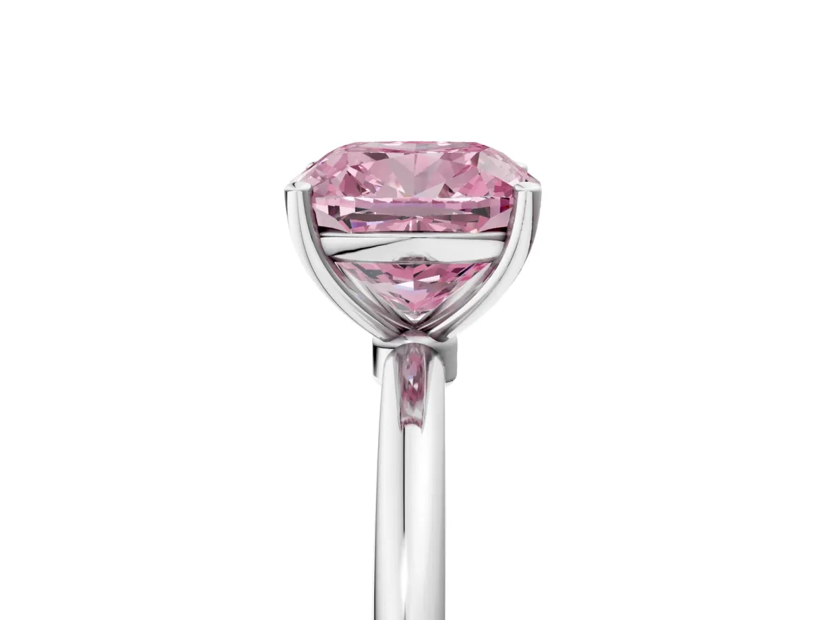 Fancy Pink Cushion Cut Cut Solitaire Engagement Ring with Thin Band and Four-Prong Setting Silver