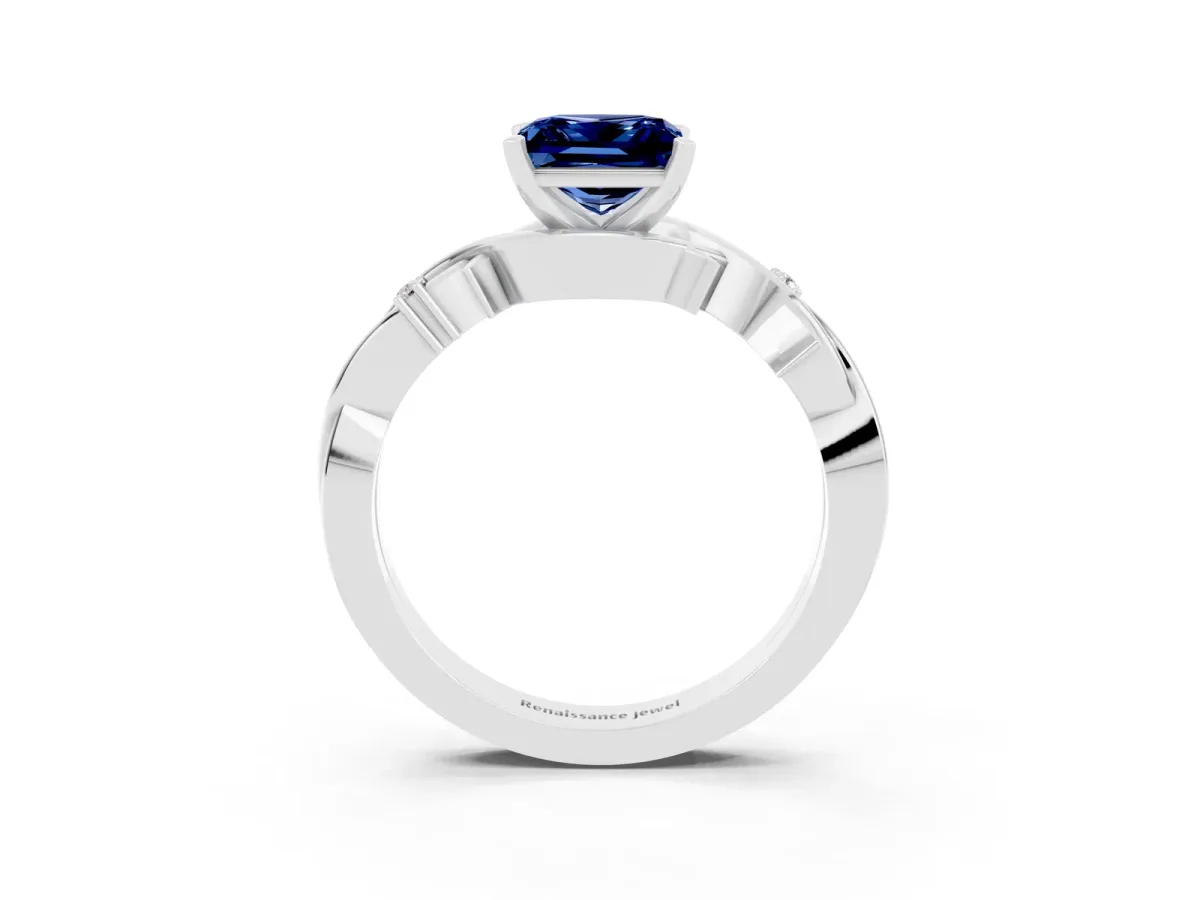 Princess Cut Blue Sapphire Solitaire Ring with Twisted Band and Prong Setting Silver