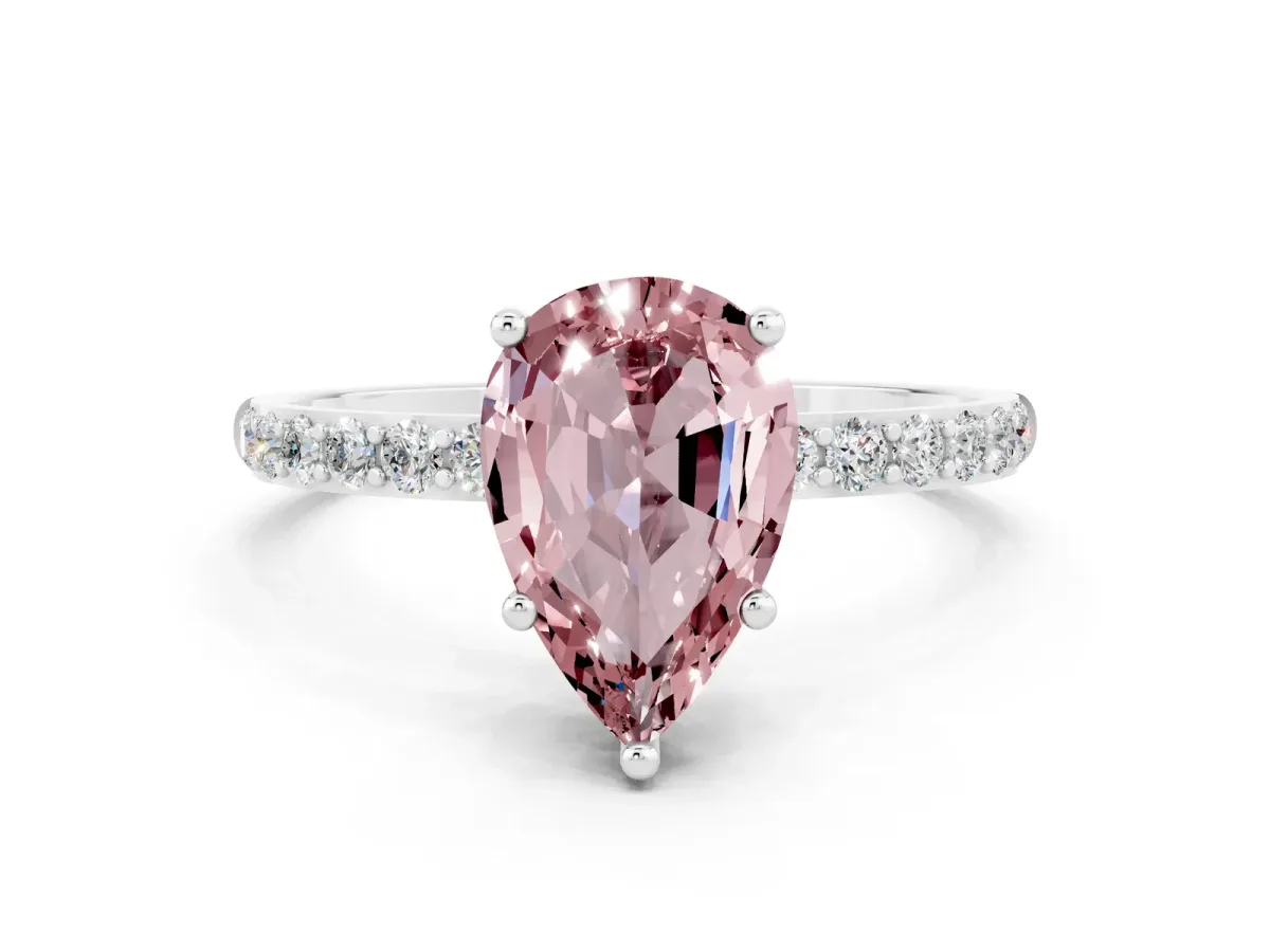 Pear Cut Morganite Solitaire Ring with Round Pavé Band and Prong Setting Platinum