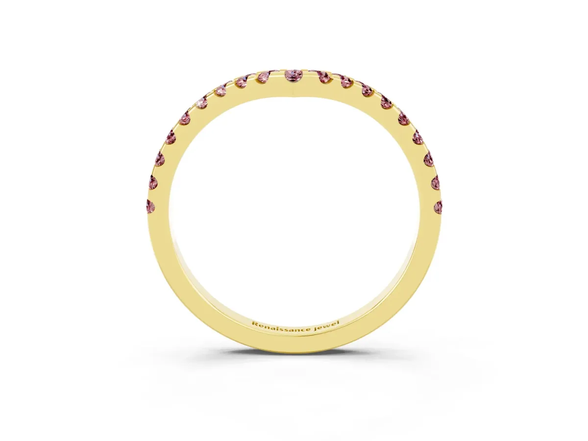 Pavé Round Morganite Chevron Band with Shared Prong Setting Yellow gold