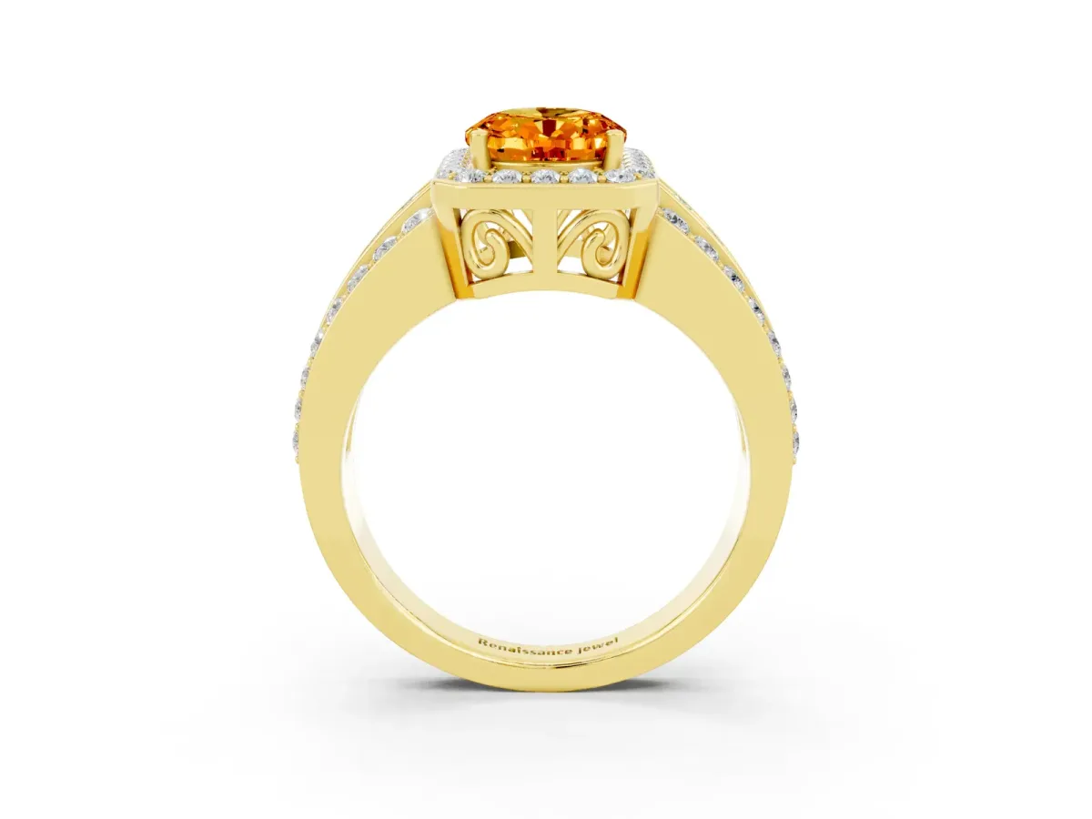 Oval Cut Halo Citrine Ring with Round Split Shank and Prong Setting Yellow gold
