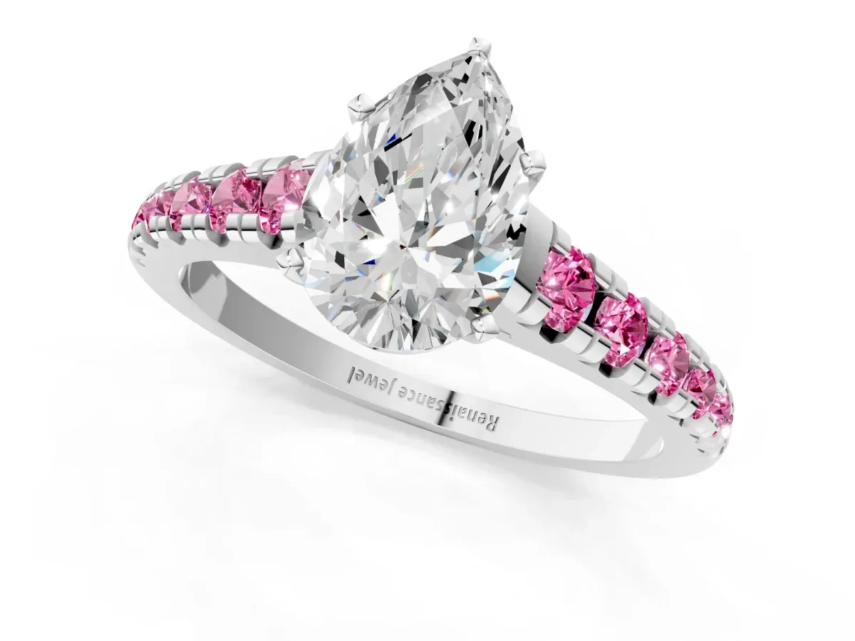 Pear Cut Diamond Cathedral Solitaire Ring with Round Pink Sapphire Pavé Band Silver