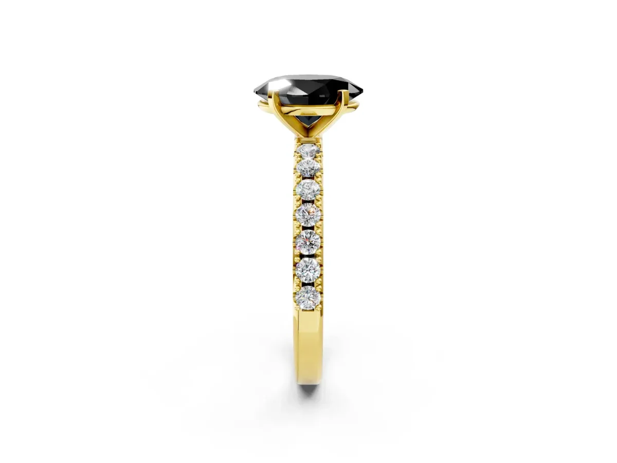 Fancy Black Oval Cut Diamond Solitaire Pavé Band with Four-Prong Setting Yellow gold