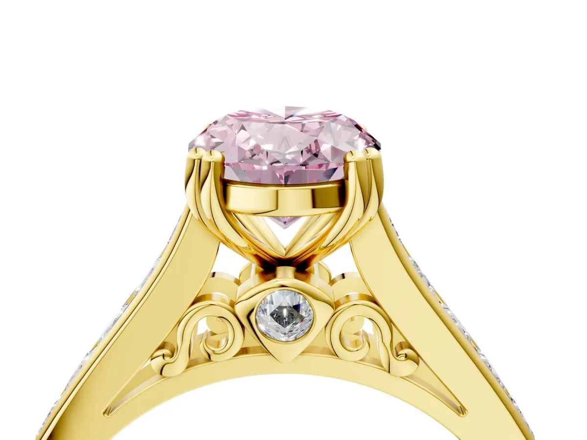 Fancy Pink Oval Cut Cut Channel Set Solitaire Engagement Ring with Prong Setting Yellow gold
