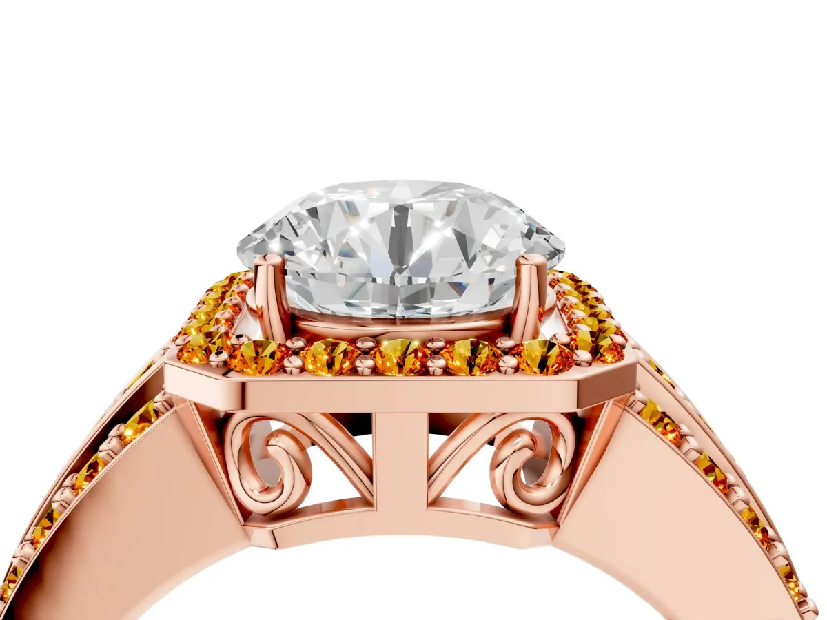 Round Cut Halo Diamond Ring with Round Citrine Split Shank and Prong Setting Rose gold