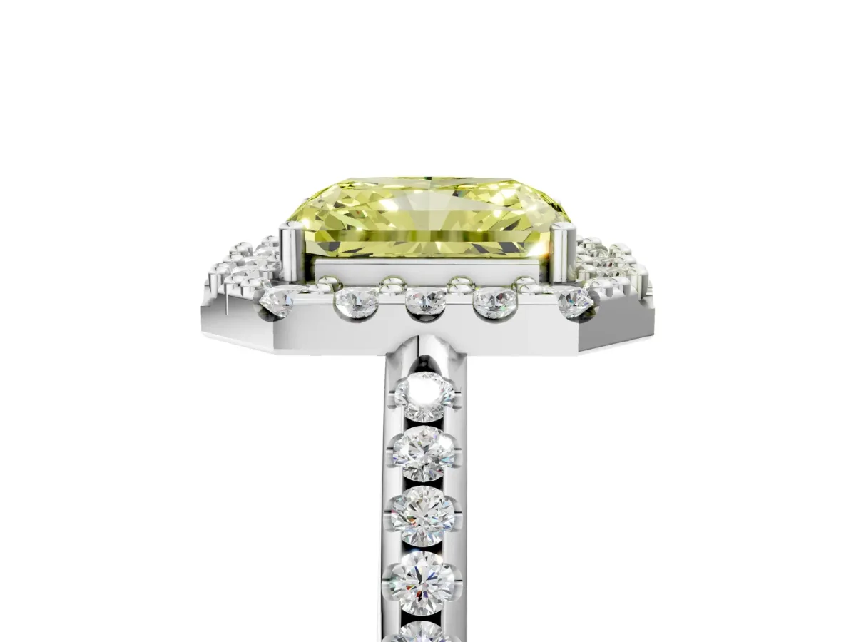 Fancy Yellow Radiant Cut Diamond Pavé Halo Ring with Four-Prong Setting Platinum