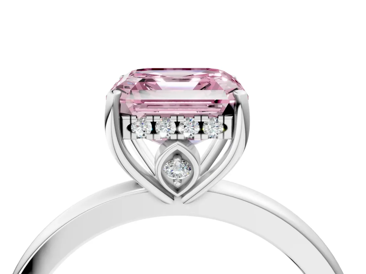 Fancy Pink Asscher Cut Solitaire Diamond Ring with Prong Setting and Plain Band Silver