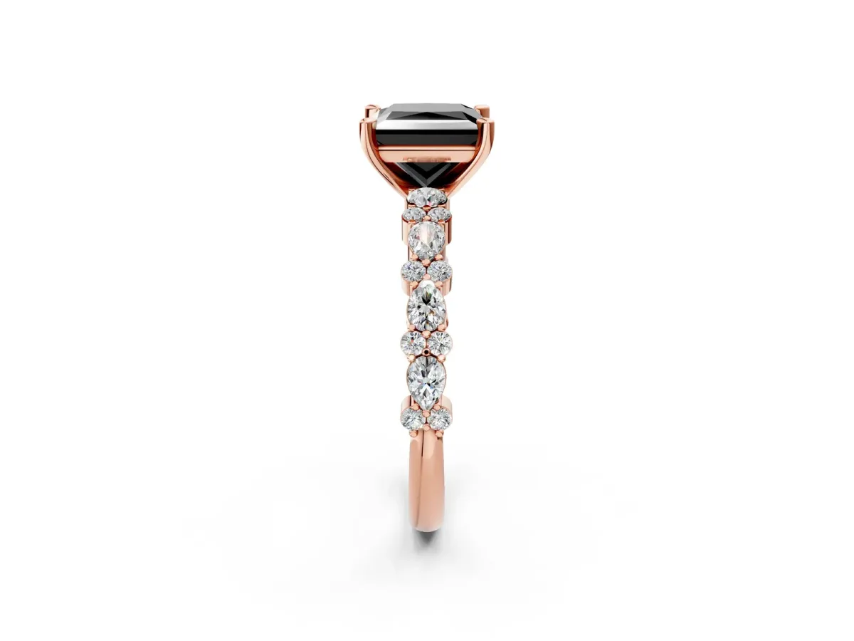 Fancy Black Princess Cut Diamond Side Stone Solitaire Ring with Round and Four-Prong Setting Rose gold