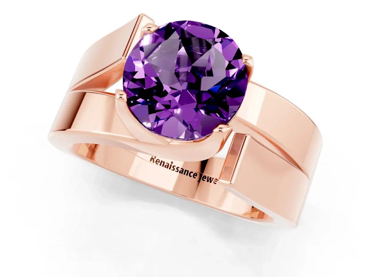 Modern Tension Set Round Cut Amethyst Solitaire Wide Band Ring Rose gold