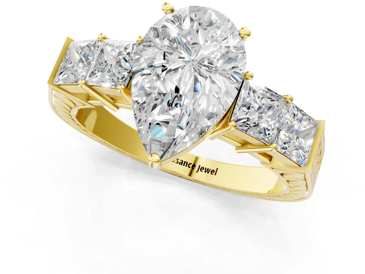 Pear Cut Solitaire Princess Side Stone Engraved Band Prong Setting Ring Yellow gold
