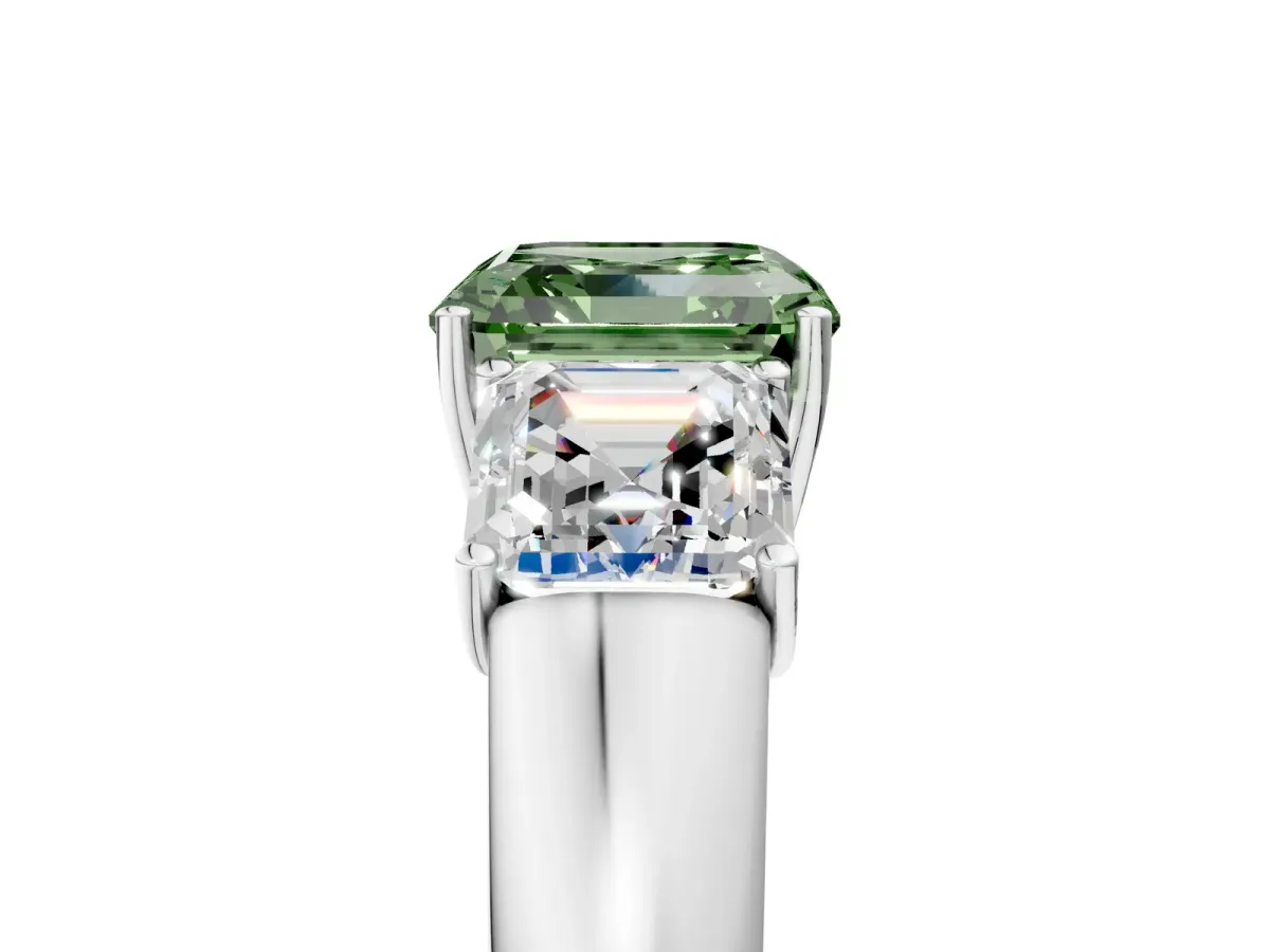 Fancy Green Three-Stone Asscher Cut Cut Diamond Ring with Prong Setting and Classic Band Platinum
