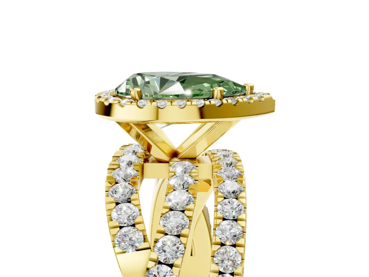 Fancy Green Pear Cut Diamond Halo Ring with Round Split Shank and Prong Setting Yellow gold