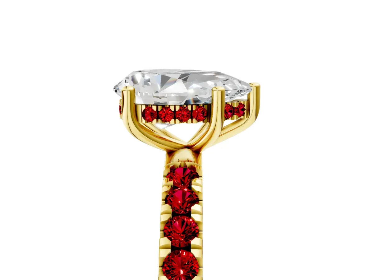 Pear Cut Diamond Pave Band Solitaire Ring with Round Ruby and Prong Setting Yellow gold