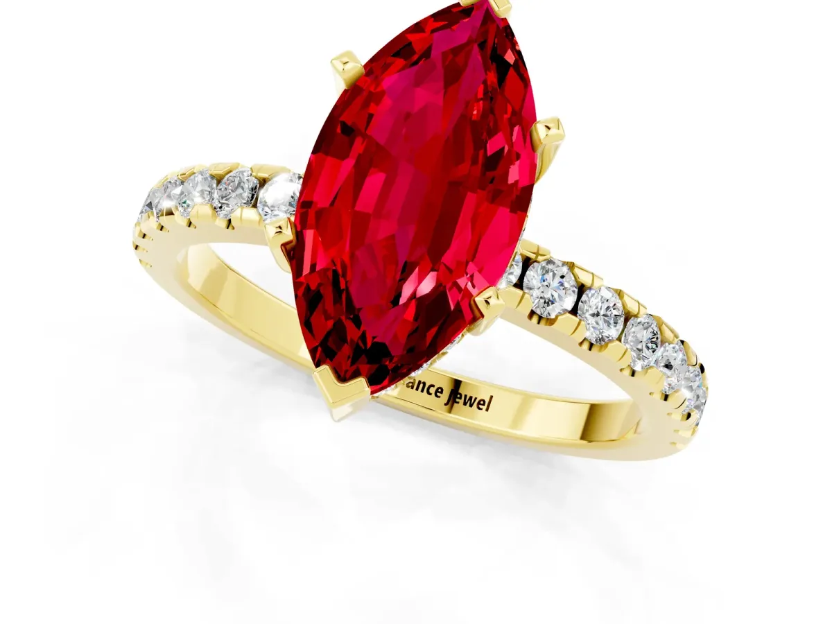Marquise Cut Ruby Solitaire Ring with Round Pavé Band and Four-Prong Setting Yellow gold