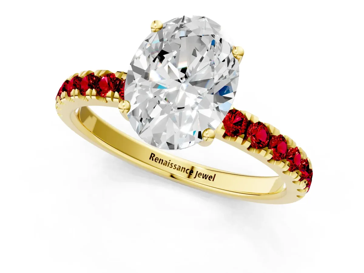 Oval Cut Diamond Pave Band Solitaire Ring with Round Ruby and Prong Setting Yellow gold
