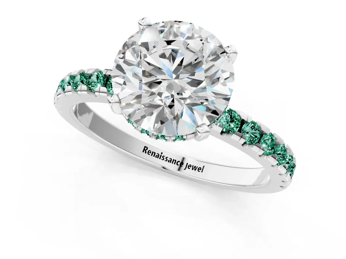 Round Cut Diamond Solitaire Ring with Round Tanzanite Pavé Band and Four-Prong Setting Silver