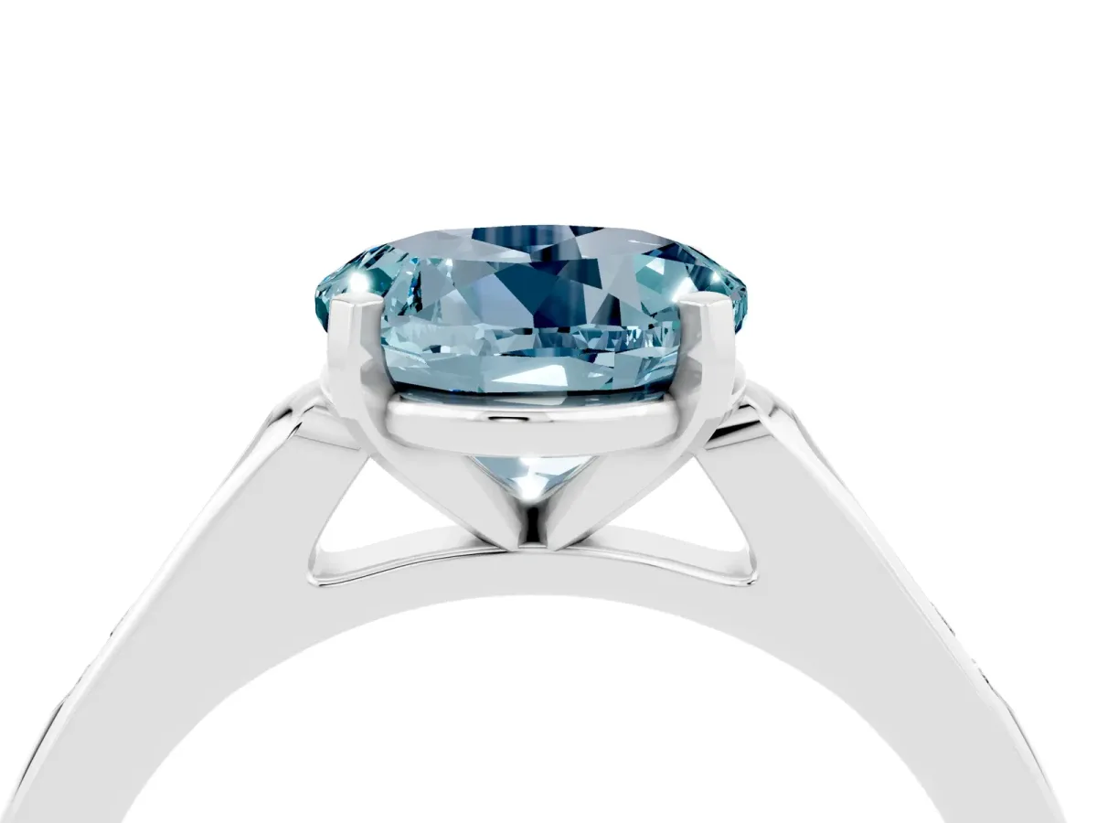 Round Cut Aquamarine Solitaire Ring with Channel Set Round Band and Prong Setting Silver