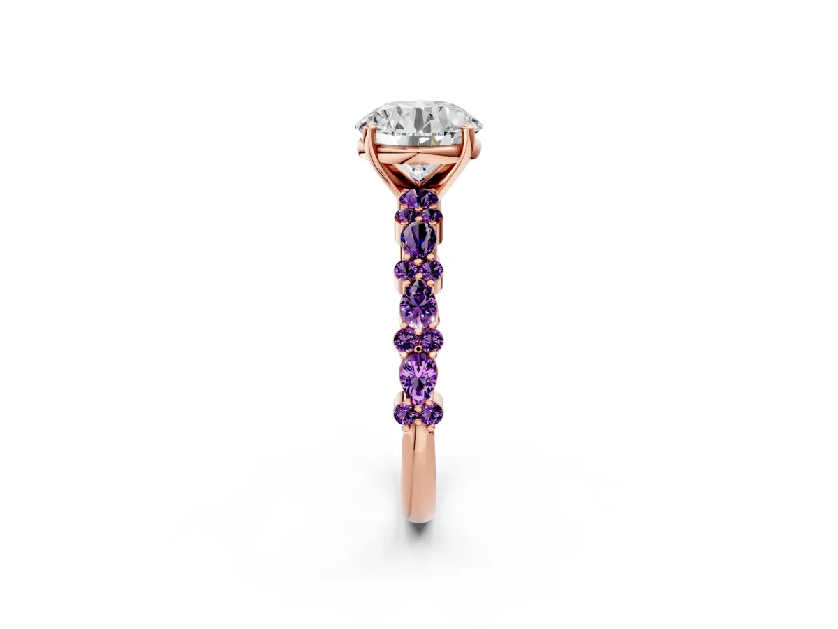 Round Cut Diamond Side Stone Solitaire Ring with Round Amethyst and Four-Prong Setting Rose gold