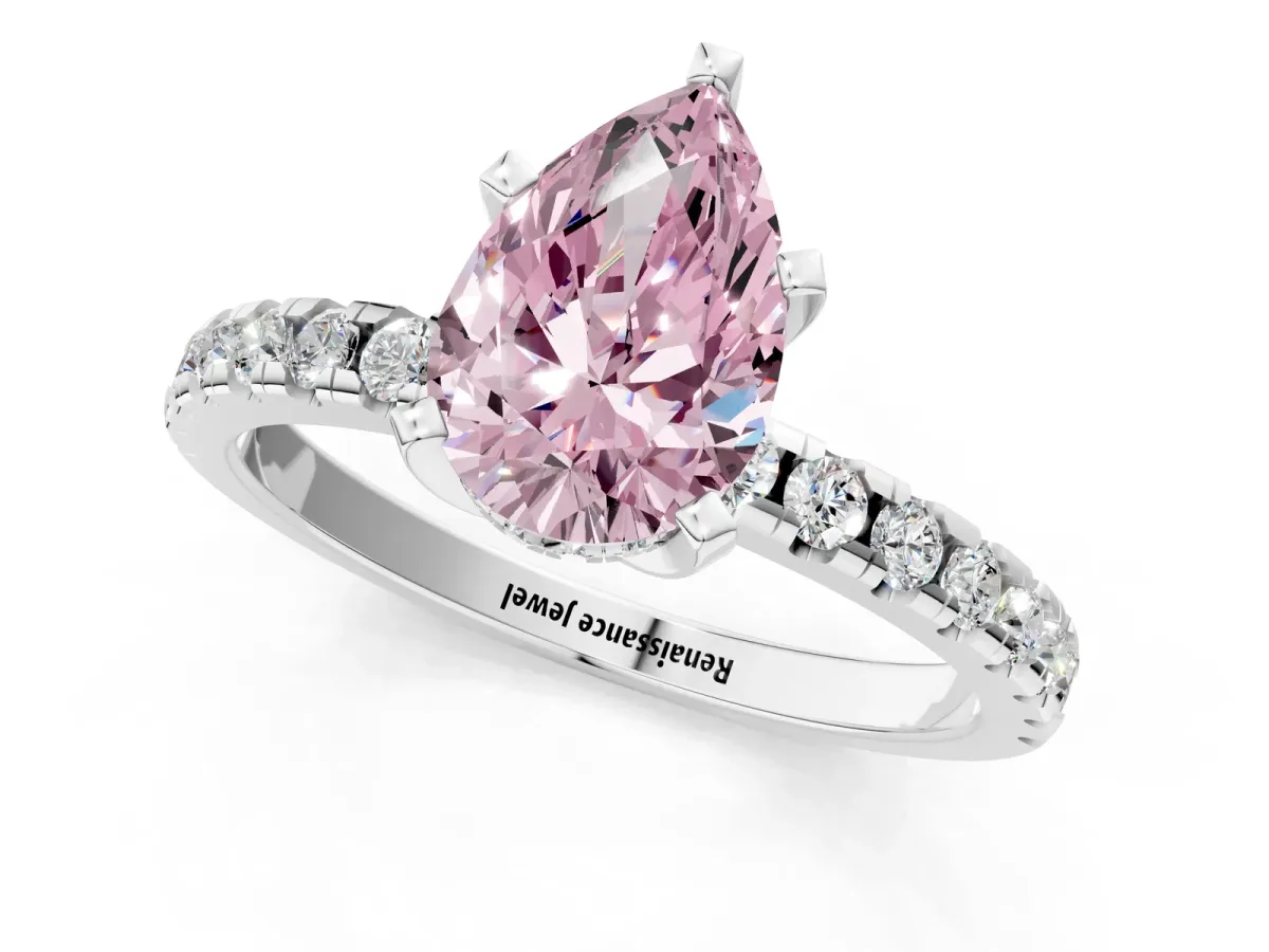 Fancy Pink Pear Cut Diamond Solitaire Ring with Round Pavé Band and Four-Prong Setting Silver