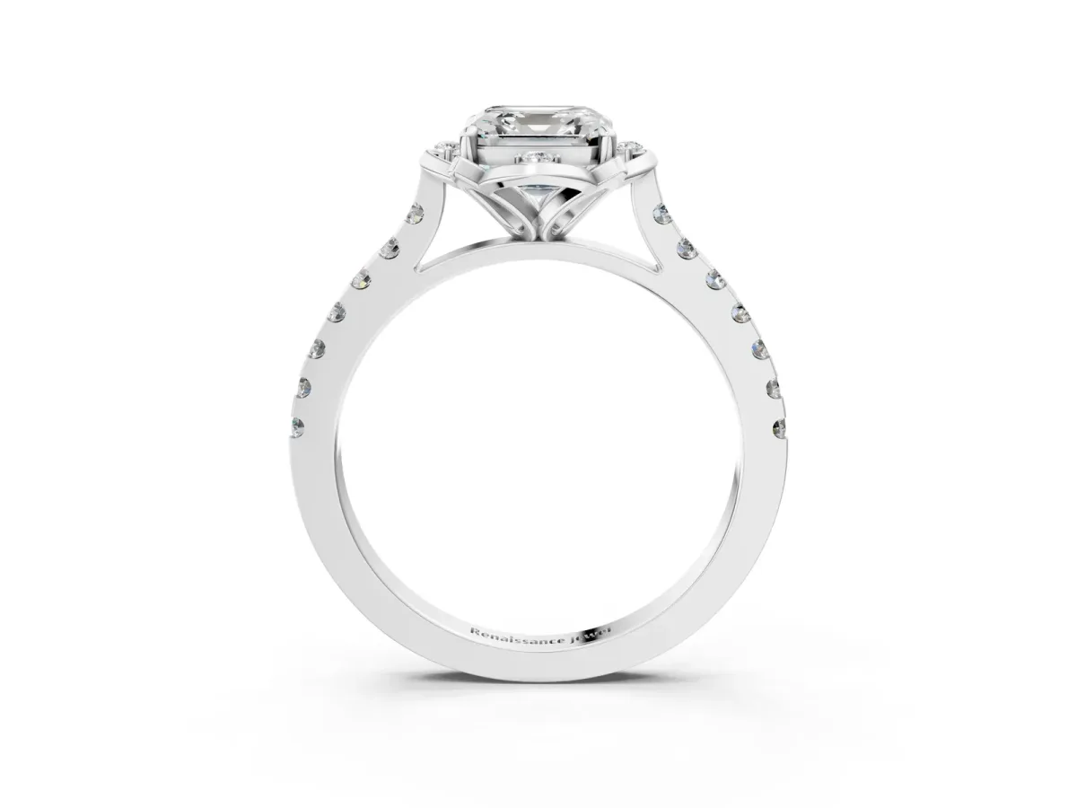 Asscher Cut Diamond Ring with Pavé Band and Floral Prong Setting Platinum