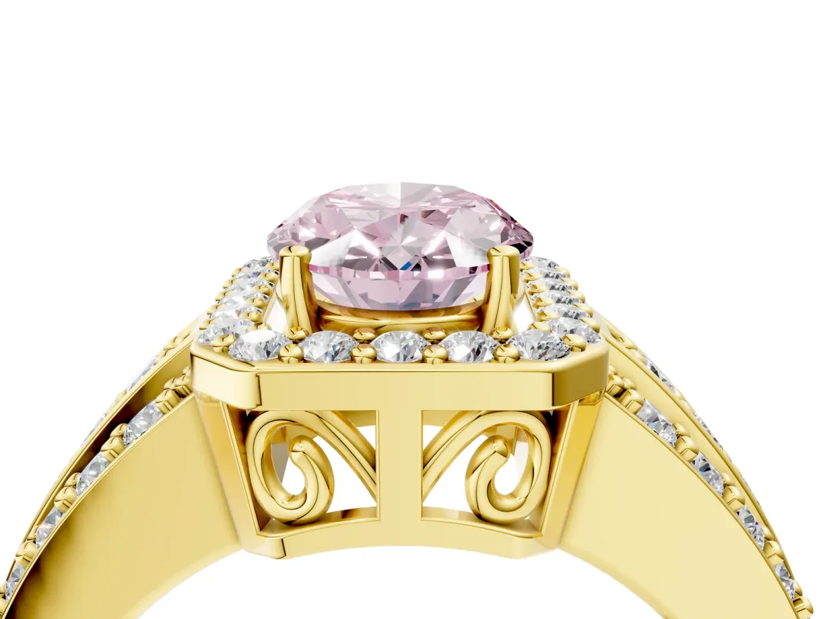 Fancy Pink Oval Cut Halo Diamond Ring with Round Split Shank and Prong Setting Yellow gold