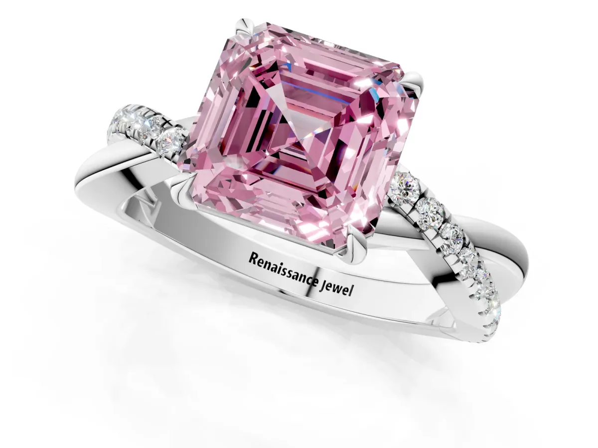 Fancy Pink Asscher Cut Cut Diamond Twisted Band with Pavé Setting and Four-Prong Setting Platinum