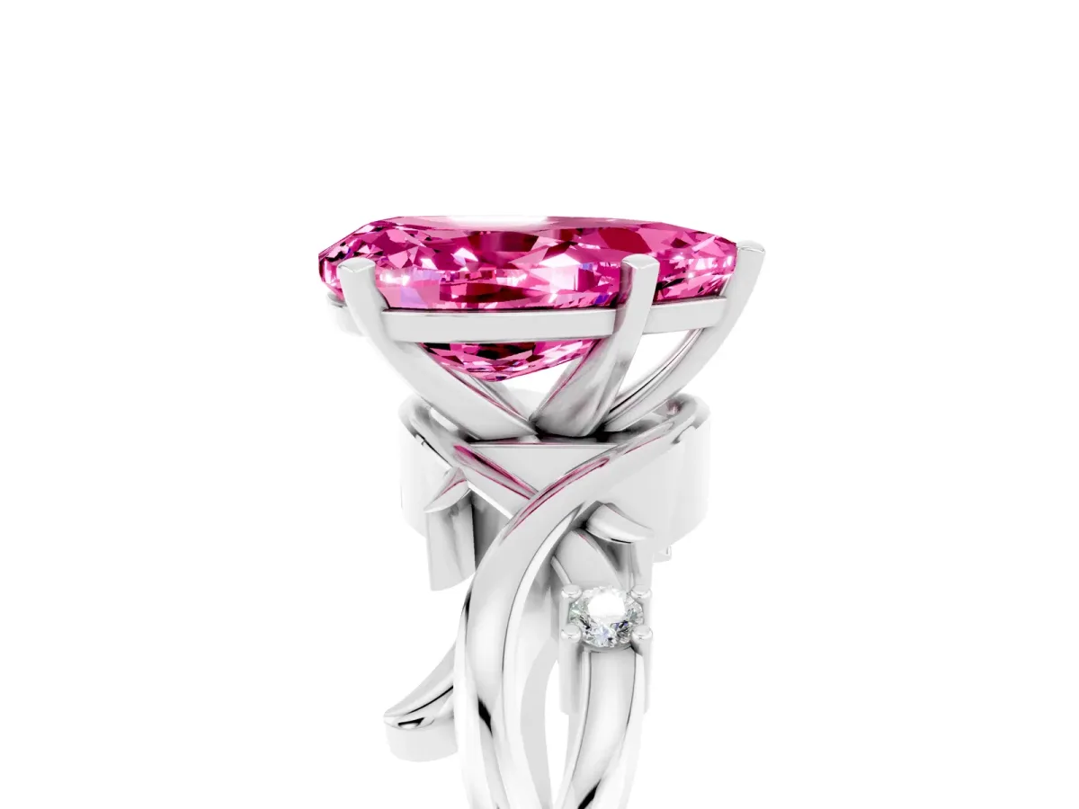 Pear Cut Pink Sapphire Solitaire Ring with Twisted Band and Prong Setting Silver