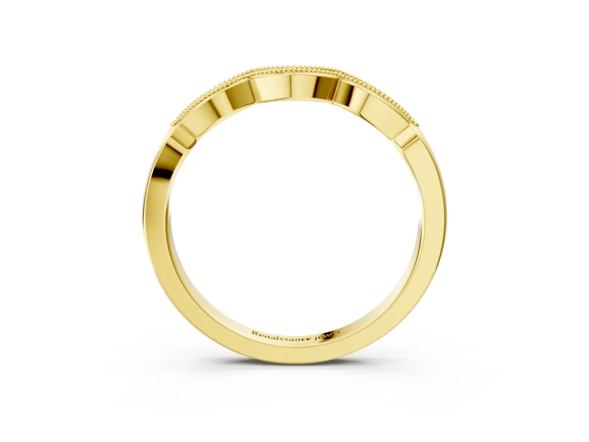 Milgrain Pavé Round Diamond Curved Band Yellow gold