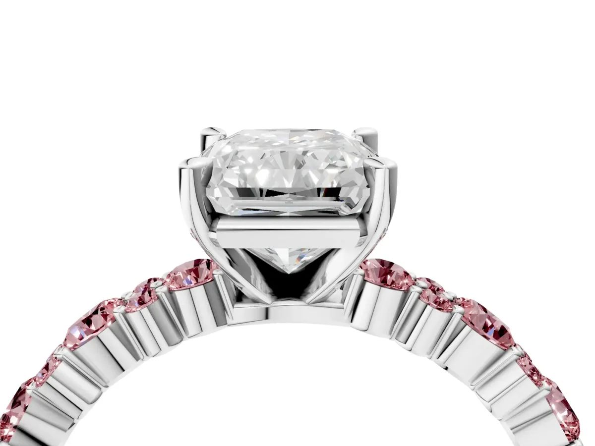Radiant Cut Diamond Side Stone Solitaire Ring with Round Morganite and Four-Prong Setting Platinum