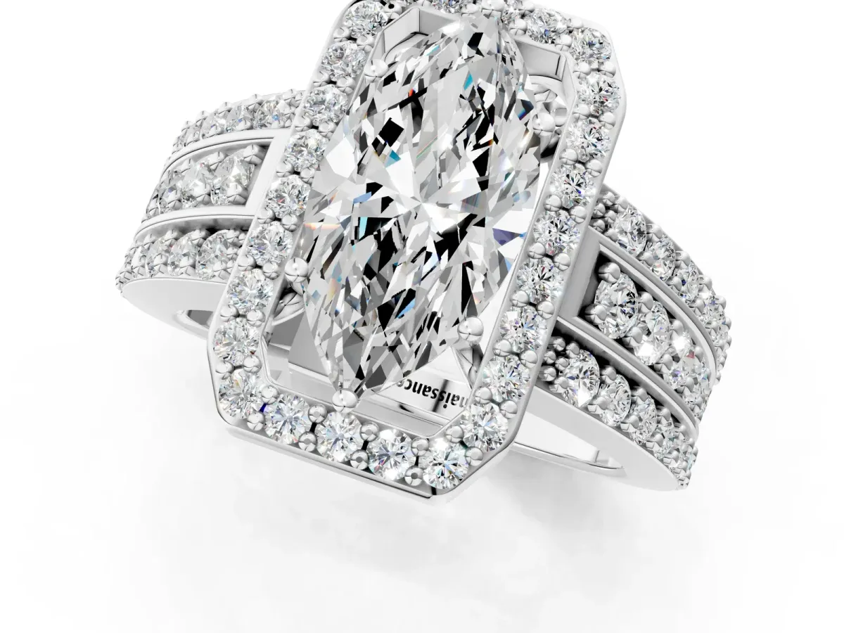 Marquise Cut Halo Diamond Ring with Round Moissanite Split Shank and Prong Setting Silver
