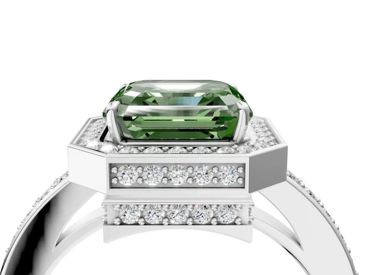 Fancy Green Asscher Cut Halo Pave Band Solitaire Ring with Prong Setting Platinum