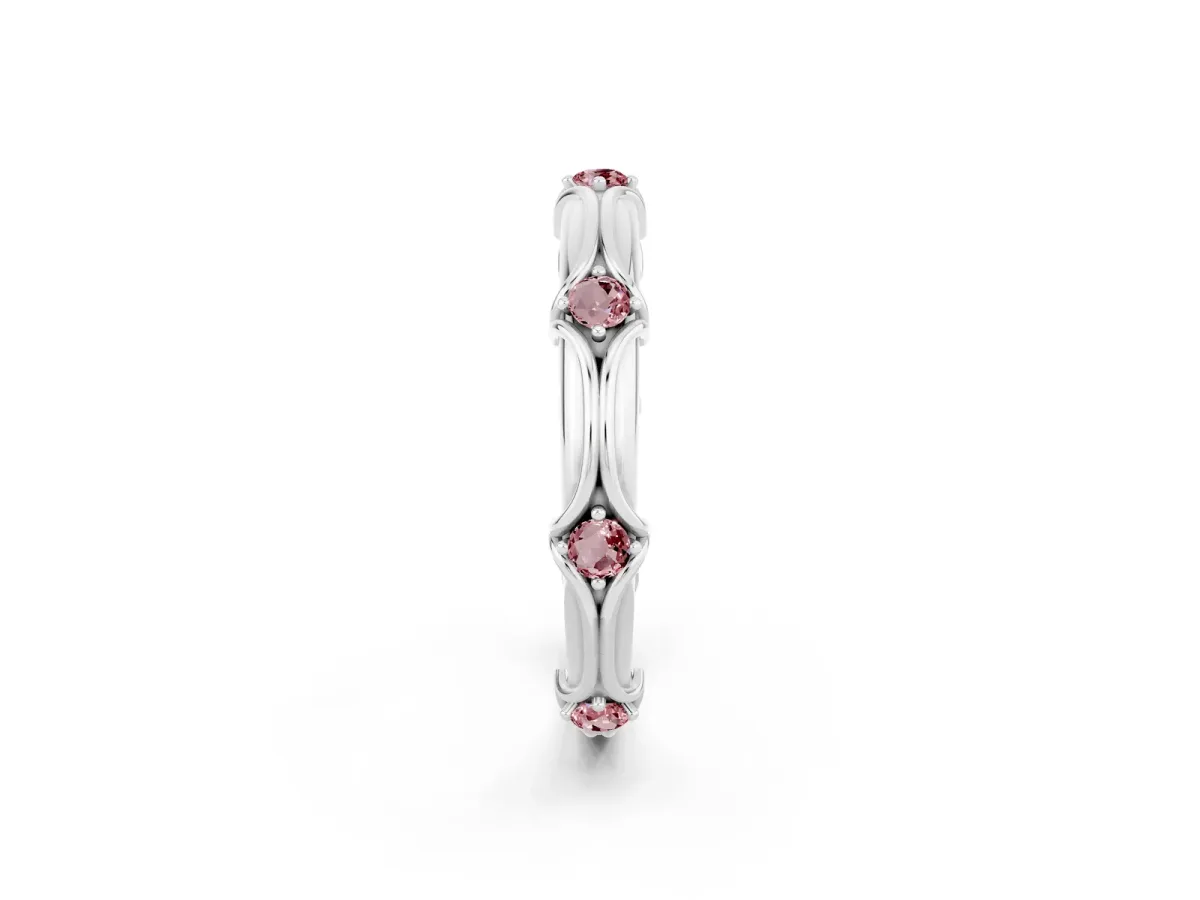 Round Morganite Prong Set Milgrain Eternity Band Silver