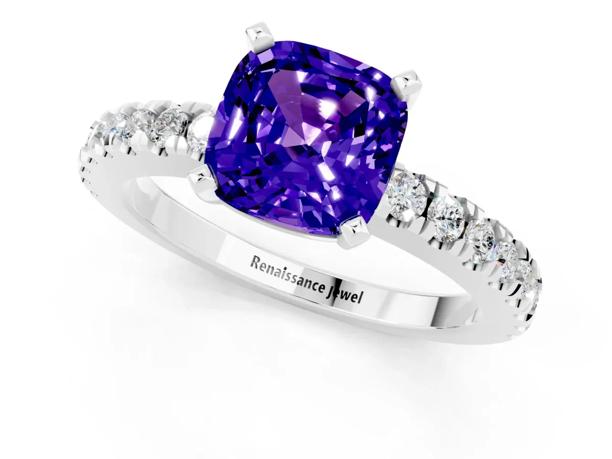 Cushion Cut Solitaire Tanzanite with Pavé Band and Four-Prong Setting Silver