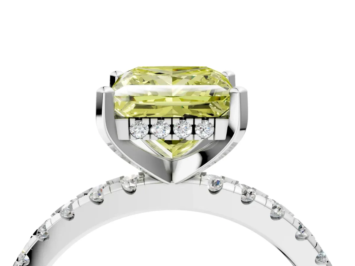Fancy Yellow Princess Cut Diamond Solitaire Ring with Round Pavé Band and Four-Prong Setting Silver